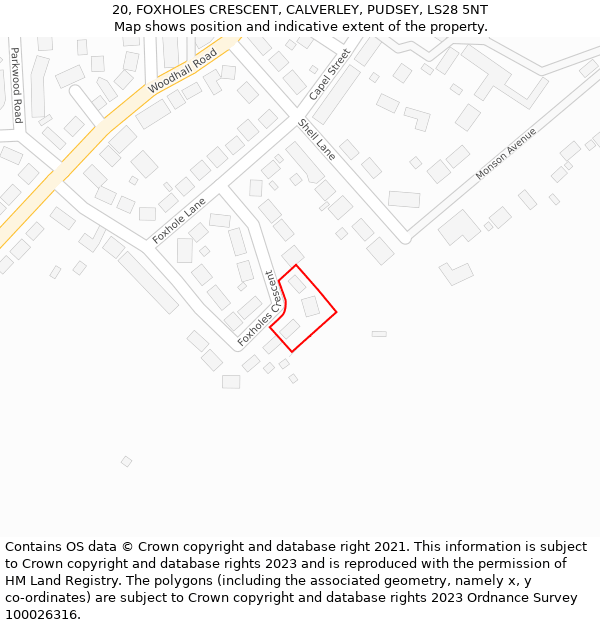 20, FOXHOLES CRESCENT, CALVERLEY, PUDSEY, LS28 5NT: Location map and indicative extent of plot