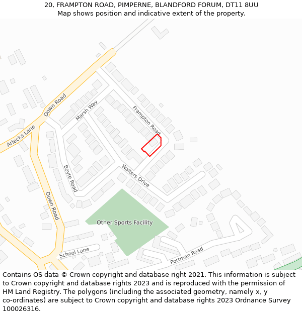 20, FRAMPTON ROAD, PIMPERNE, BLANDFORD FORUM, DT11 8UU: Location map and indicative extent of plot