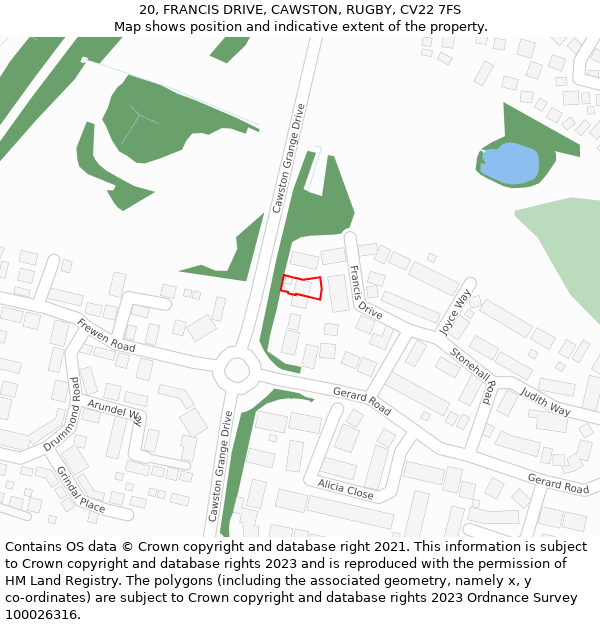 20, FRANCIS DRIVE, CAWSTON, RUGBY, CV22 7FS: Location map and indicative extent of plot