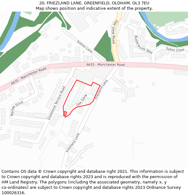 20, FRIEZLAND LANE, GREENFIELD, OLDHAM, OL3 7EU: Location map and indicative extent of plot