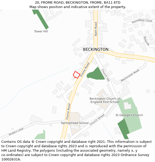 20, FROME ROAD, BECKINGTON, FROME, BA11 6TD: Location map and indicative extent of plot