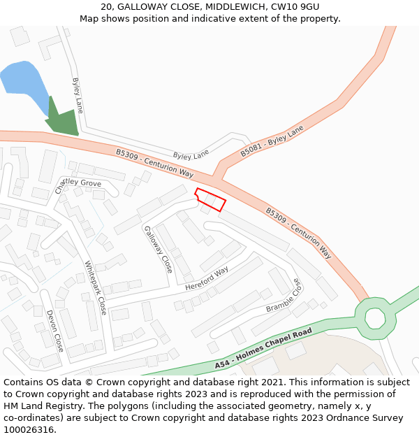 20, GALLOWAY CLOSE, MIDDLEWICH, CW10 9GU: Location map and indicative extent of plot