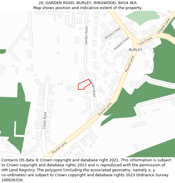 20, GARDEN ROAD, BURLEY, RINGWOOD, BH24 4EA: Location map and indicative extent of plot