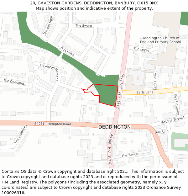 20, GAVESTON GARDENS, DEDDINGTON, BANBURY, OX15 0NX: Location map and indicative extent of plot