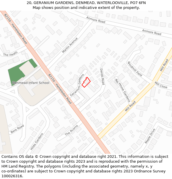 20, GERANIUM GARDENS, DENMEAD, WATERLOOVILLE, PO7 6FN: Location map and indicative extent of plot