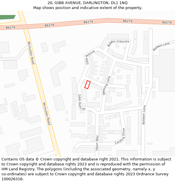 20, GIBB AVENUE, DARLINGTON, DL1 1NQ: Location map and indicative extent of plot