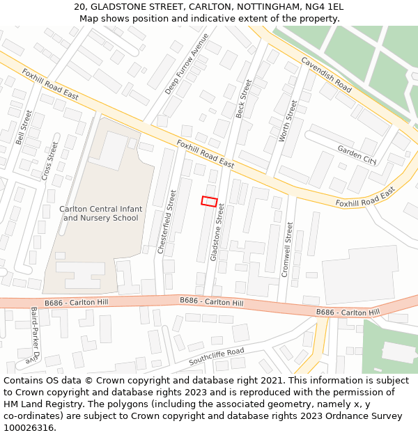 20, GLADSTONE STREET, CARLTON, NOTTINGHAM, NG4 1EL: Location map and indicative extent of plot