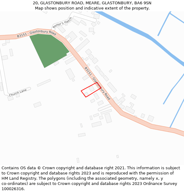 20, GLASTONBURY ROAD, MEARE, GLASTONBURY, BA6 9SN: Location map and indicative extent of plot