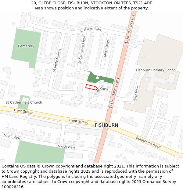 20, GLEBE CLOSE, FISHBURN, STOCKTON-ON-TEES, TS21 4DE: Location map and indicative extent of plot