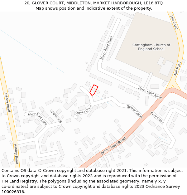 20, GLOVER COURT, MIDDLETON, MARKET HARBOROUGH, LE16 8TQ: Location map and indicative extent of plot