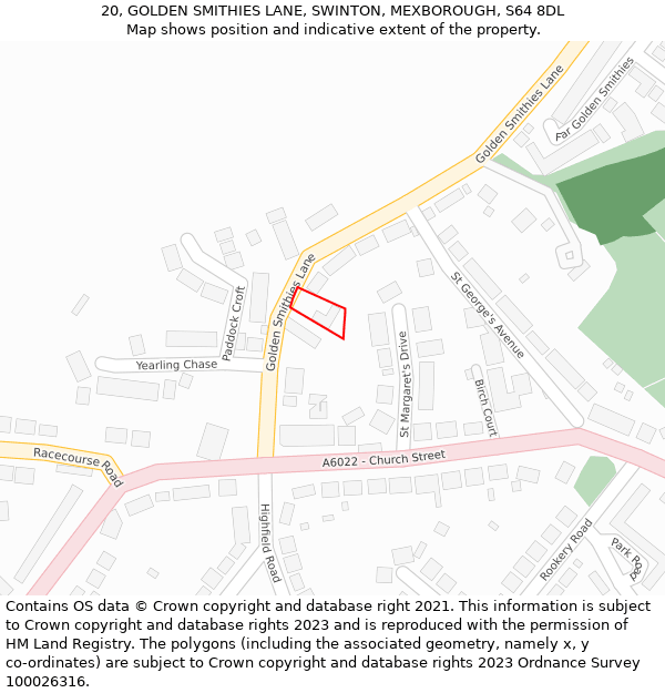 20, GOLDEN SMITHIES LANE, SWINTON, MEXBOROUGH, S64 8DL: Location map and indicative extent of plot