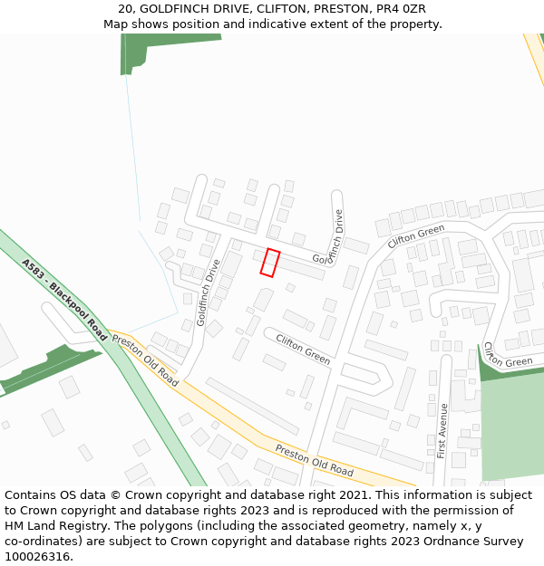 20, GOLDFINCH DRIVE, CLIFTON, PRESTON, PR4 0ZR: Location map and indicative extent of plot