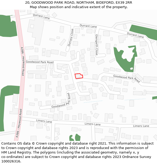 20, GOODWOOD PARK ROAD, NORTHAM, BIDEFORD, EX39 2RR: Location map and indicative extent of plot