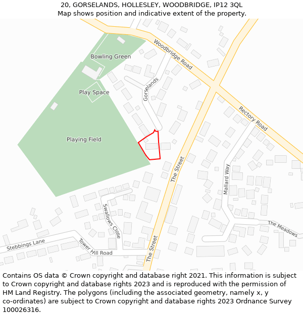 20, GORSELANDS, HOLLESLEY, WOODBRIDGE, IP12 3QL: Location map and indicative extent of plot