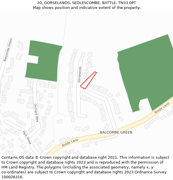 20, GORSELANDS, SEDLESCOMBE, BATTLE, TN33 0PT: Location map and indicative extent of plot