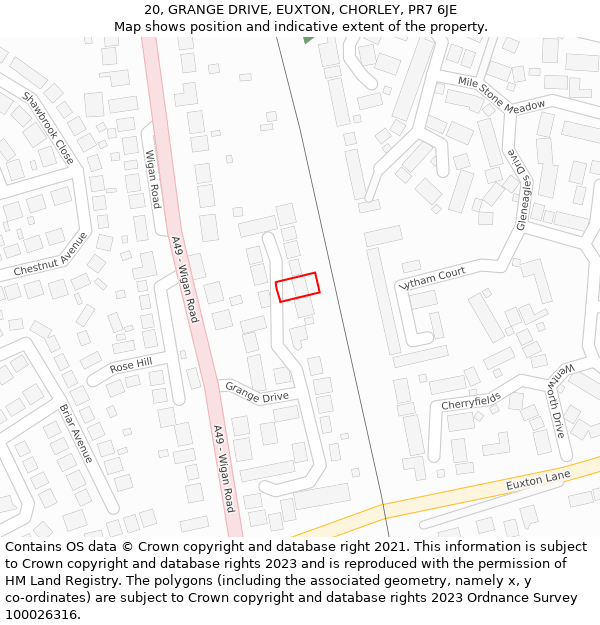 20, GRANGE DRIVE, EUXTON, CHORLEY, PR7 6JE: Location map and indicative extent of plot