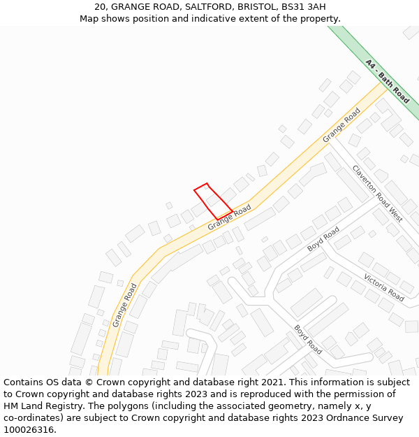 20, GRANGE ROAD, SALTFORD, BRISTOL, BS31 3AH: Location map and indicative extent of plot