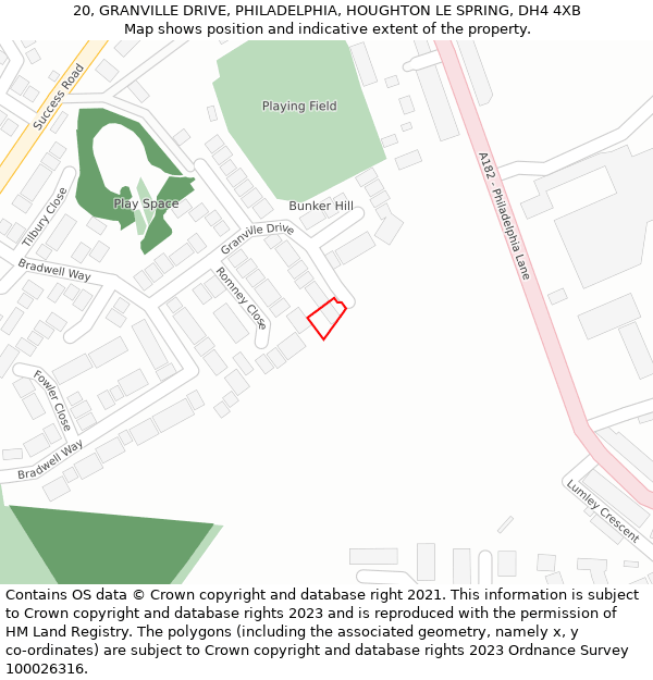 20, GRANVILLE DRIVE, PHILADELPHIA, HOUGHTON LE SPRING, DH4 4XB: Location map and indicative extent of plot