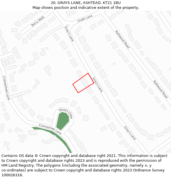 20, GRAYS LANE, ASHTEAD, KT21 1BU: Location map and indicative extent of plot
