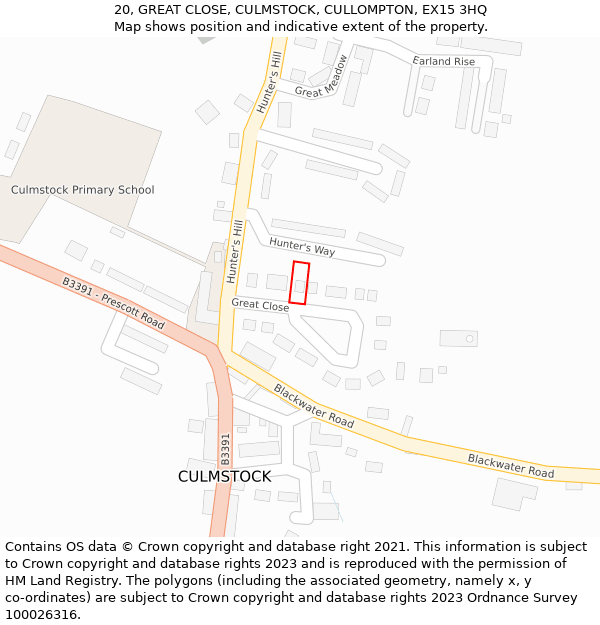 20, GREAT CLOSE, CULMSTOCK, CULLOMPTON, EX15 3HQ: Location map and indicative extent of plot