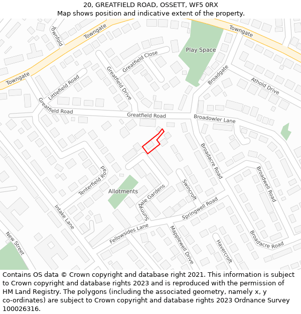 20, GREATFIELD ROAD, OSSETT, WF5 0RX: Location map and indicative extent of plot