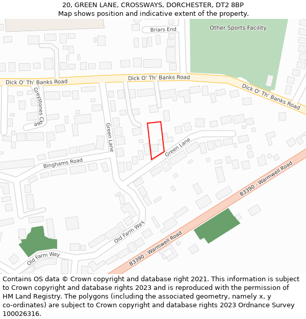 20, GREEN LANE, CROSSWAYS, DORCHESTER, DT2 8BP: Location map and indicative extent of plot