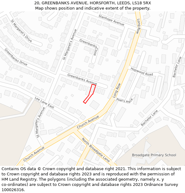 20, GREENBANKS AVENUE, HORSFORTH, LEEDS, LS18 5RX: Location map and indicative extent of plot