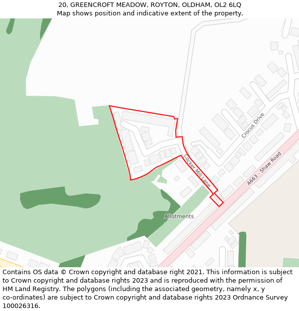 20, GREENCROFT MEADOW, ROYTON, OLDHAM, OL2 6LQ: Location map and indicative extent of plot