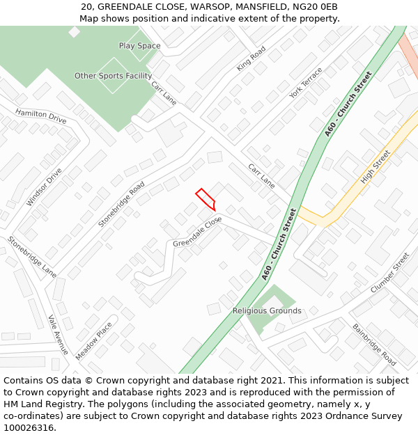 20, GREENDALE CLOSE, WARSOP, MANSFIELD, NG20 0EB: Location map and indicative extent of plot