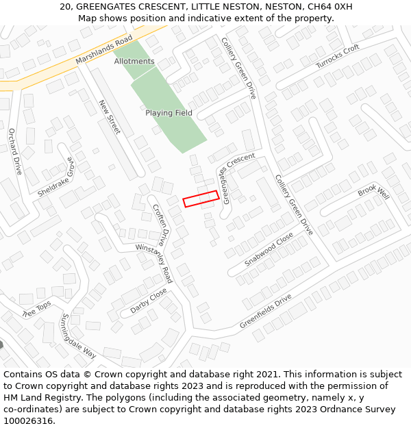 20, GREENGATES CRESCENT, LITTLE NESTON, NESTON, CH64 0XH: Location map and indicative extent of plot