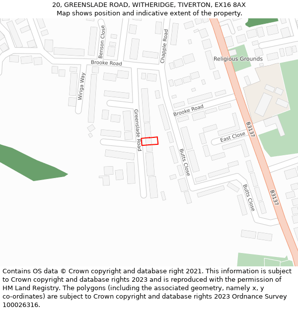 20, GREENSLADE ROAD, WITHERIDGE, TIVERTON, EX16 8AX: Location map and indicative extent of plot