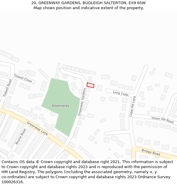 20, GREENWAY GARDENS, BUDLEIGH SALTERTON, EX9 6SW: Location map and indicative extent of plot