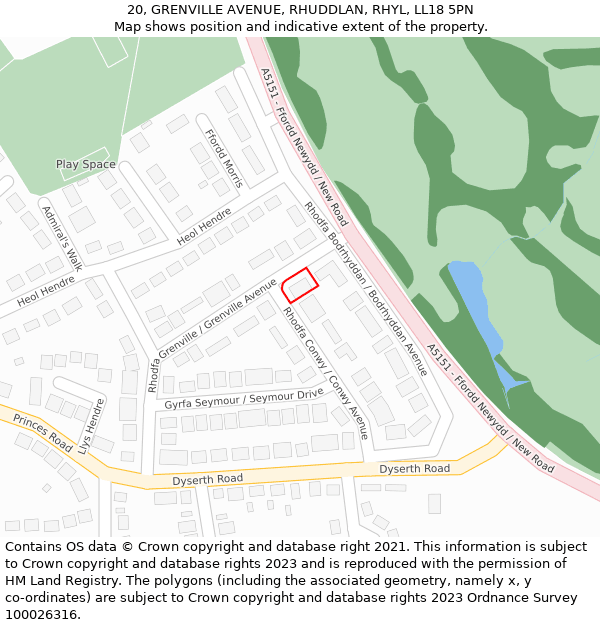 20, GRENVILLE AVENUE, RHUDDLAN, RHYL, LL18 5PN: Location map and indicative extent of plot