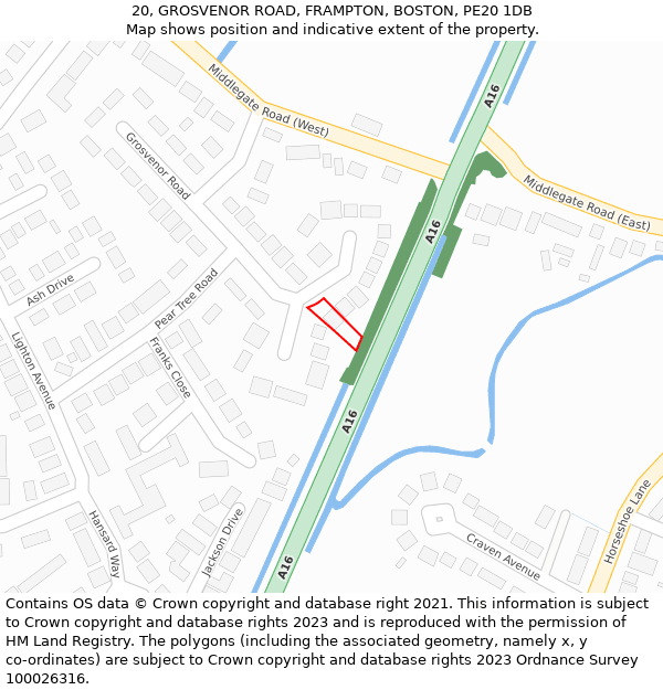 20, GROSVENOR ROAD, FRAMPTON, BOSTON, PE20 1DB: Location map and indicative extent of plot