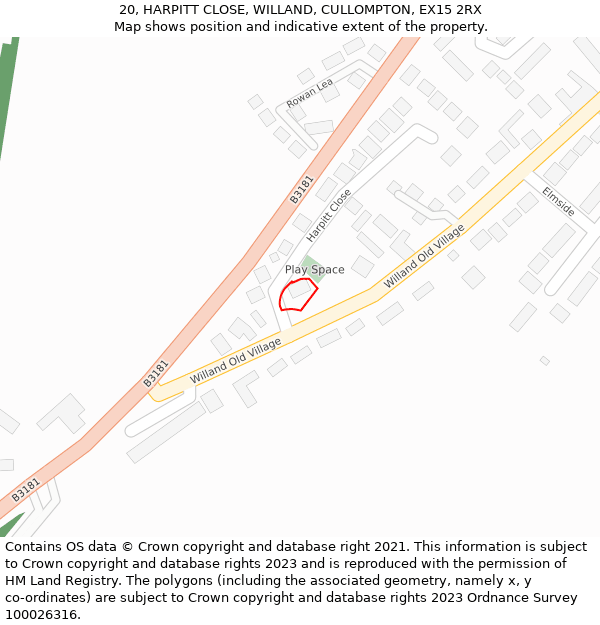 20, HARPITT CLOSE, WILLAND, CULLOMPTON, EX15 2RX: Location map and indicative extent of plot