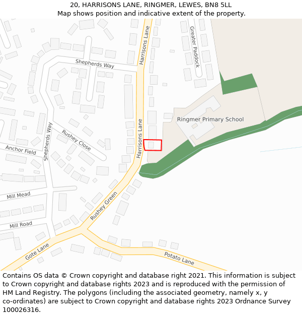 20, HARRISONS LANE, RINGMER, LEWES, BN8 5LL: Location map and indicative extent of plot