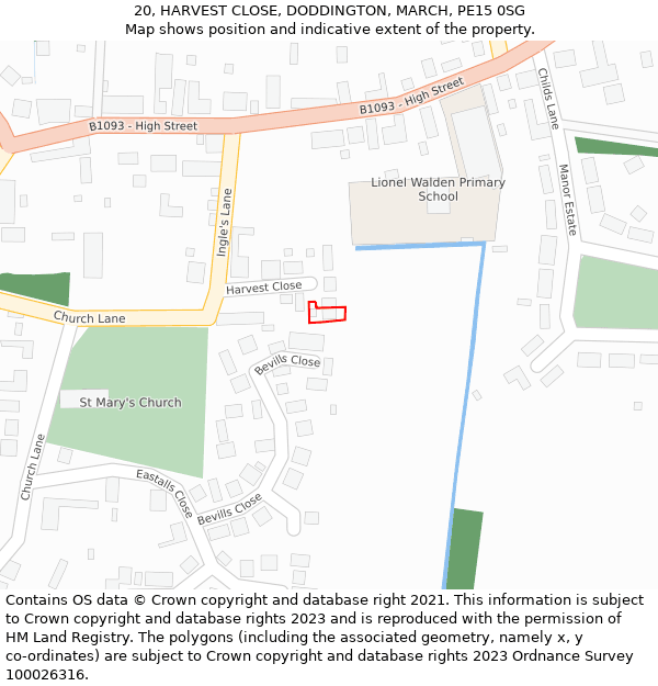 20, HARVEST CLOSE, DODDINGTON, MARCH, PE15 0SG: Location map and indicative extent of plot