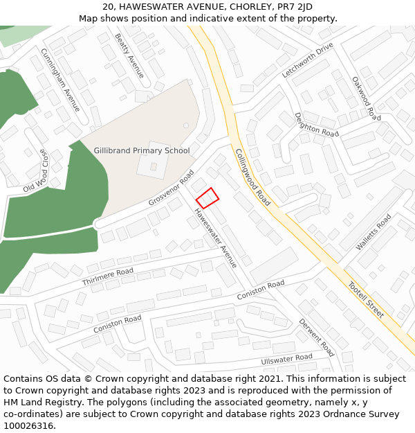20, HAWESWATER AVENUE, CHORLEY, PR7 2JD: Location map and indicative extent of plot