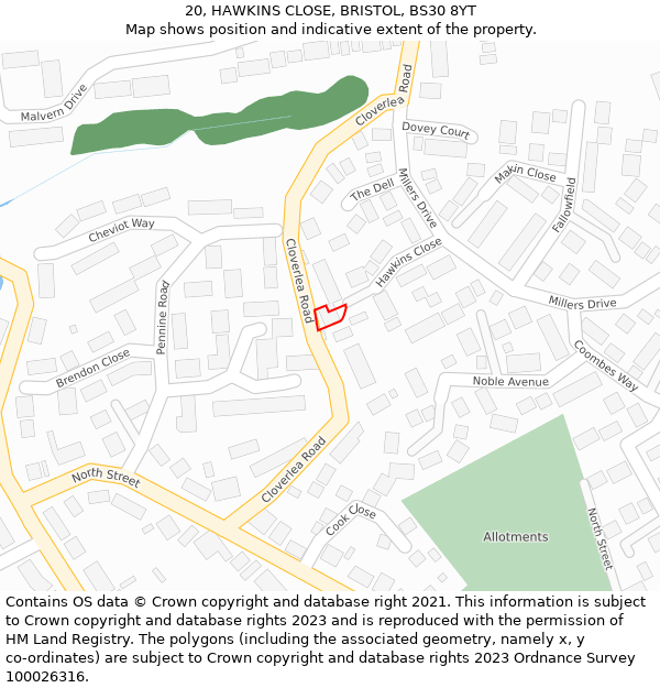 20, HAWKINS CLOSE, BRISTOL, BS30 8YT: Location map and indicative extent of plot