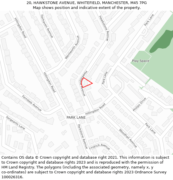 20, HAWKSTONE AVENUE, WHITEFIELD, MANCHESTER, M45 7PG: Location map and indicative extent of plot