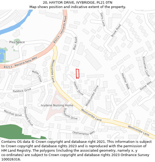 20, HAYTOR DRIVE, IVYBRIDGE, PL21 0TN: Location map and indicative extent of plot