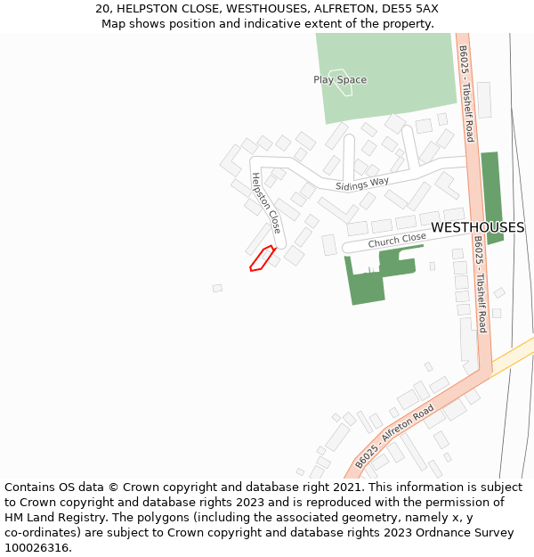 20, HELPSTON CLOSE, WESTHOUSES, ALFRETON, DE55 5AX: Location map and indicative extent of plot