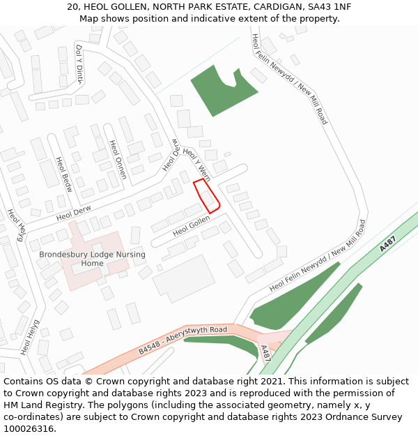 20, HEOL GOLLEN, NORTH PARK ESTATE, CARDIGAN, SA43 1NF: Location map and indicative extent of plot