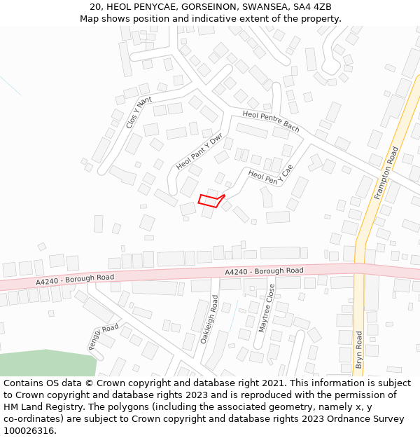 20, HEOL PENYCAE, GORSEINON, SWANSEA, SA4 4ZB: Location map and indicative extent of plot