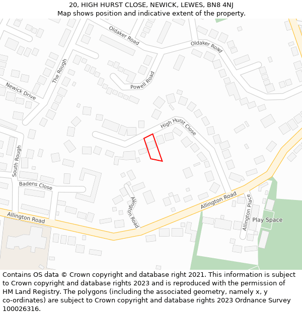 20, HIGH HURST CLOSE, NEWICK, LEWES, BN8 4NJ: Location map and indicative extent of plot