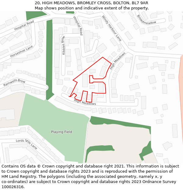 20, HIGH MEADOWS, BROMLEY CROSS, BOLTON, BL7 9AR: Location map and indicative extent of plot