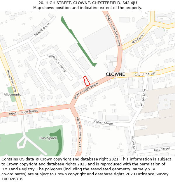 20, HIGH STREET, CLOWNE, CHESTERFIELD, S43 4JU: Location map and indicative extent of plot