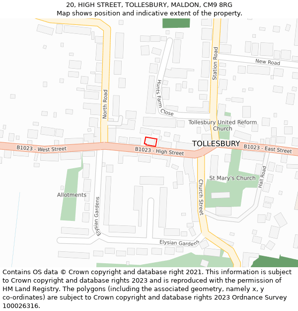 20, HIGH STREET, TOLLESBURY, MALDON, CM9 8RG: Location map and indicative extent of plot