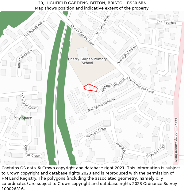 20, HIGHFIELD GARDENS, BITTON, BRISTOL, BS30 6RN: Location map and indicative extent of plot