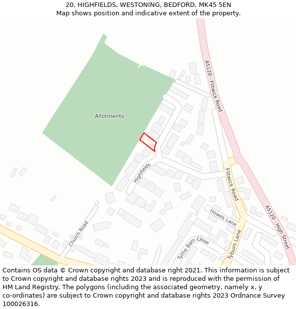 20, HIGHFIELDS, WESTONING, BEDFORD, MK45 5EN: Location map and indicative extent of plot
